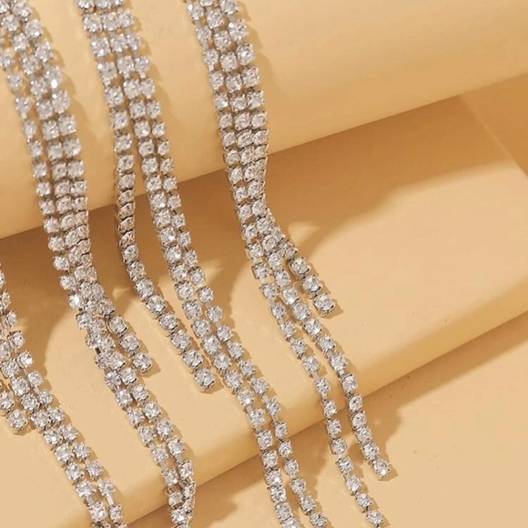 925 Sterling Silver Rhinestone Tassel Drop Earrings - Picture 3 of 4